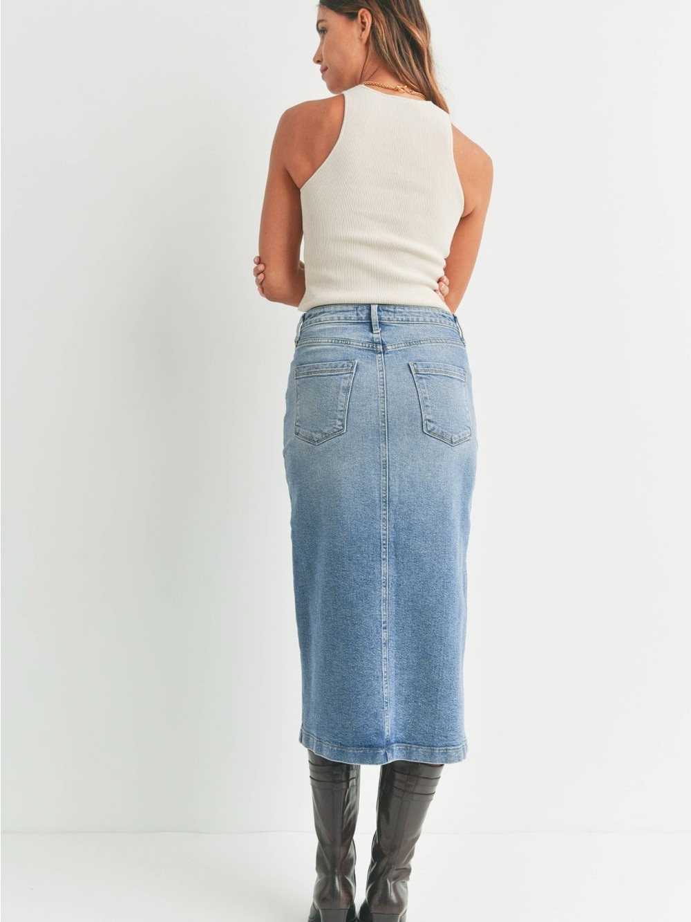 Mid Wash Denim Midi Skirt with Front Slit - Blue - Picture 3 of 11